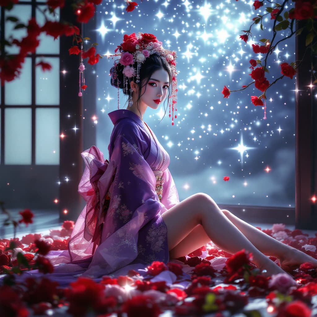 AI generated: Full body view of a Beautiful Geisha with purple Headdress posed barefoot in a room of red roses ill...