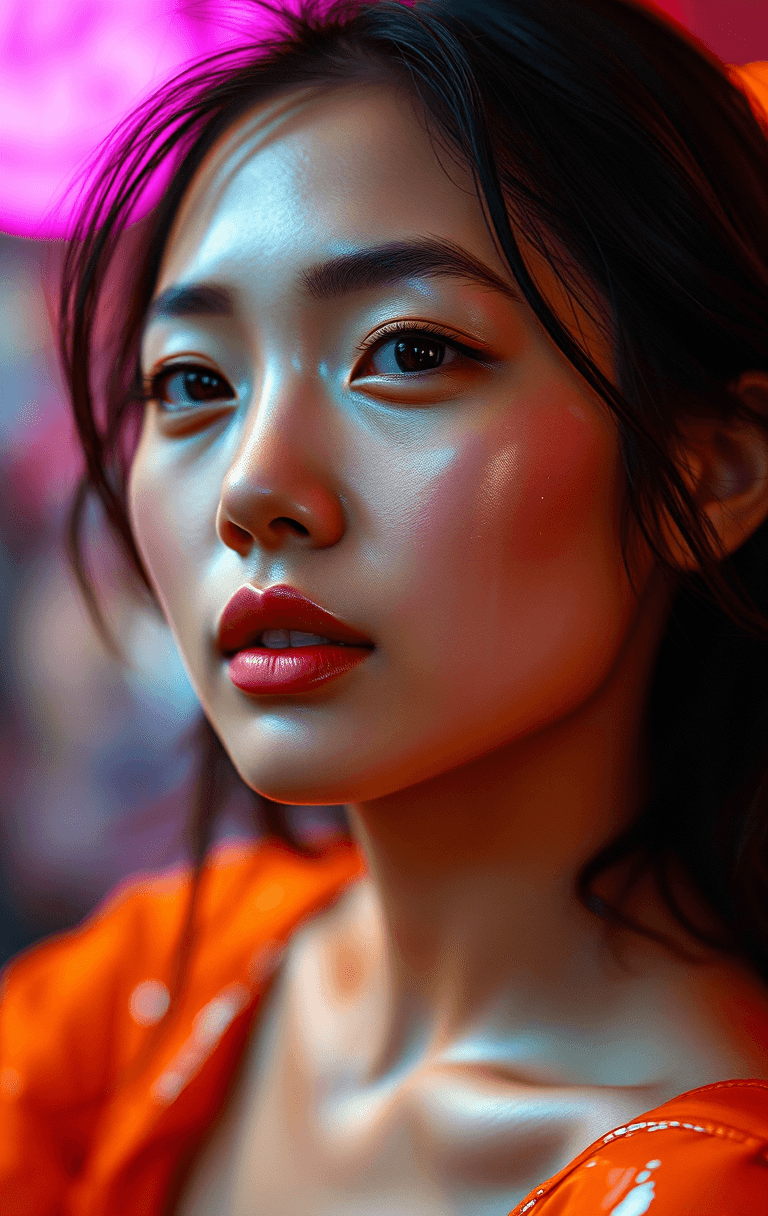 AI generated: an Asian woman, in the style of light amber and pink, blurred imagery, shiny/glossy, melting, drugco...