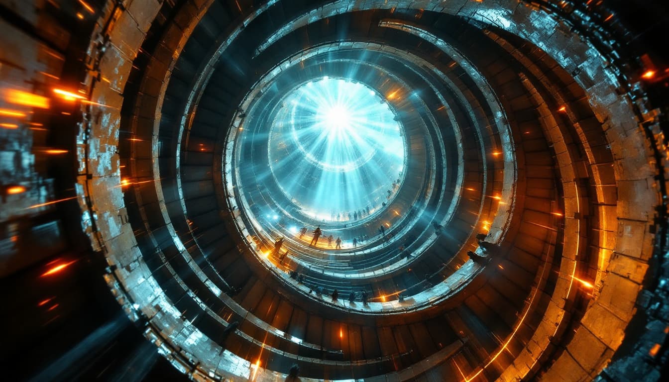 AI generated:  Through the Spiraling Stairs of a Towering Archway (Low-Angle Shot – Dynamic Depth of Field)
The sh...