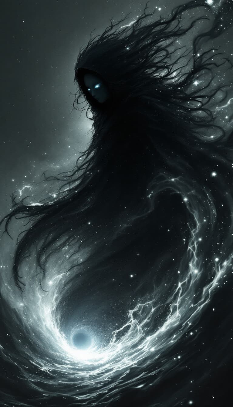 AI generated: A powerful void walker, her form dissolving into swirling darkness and her eyes like distant galaxie...