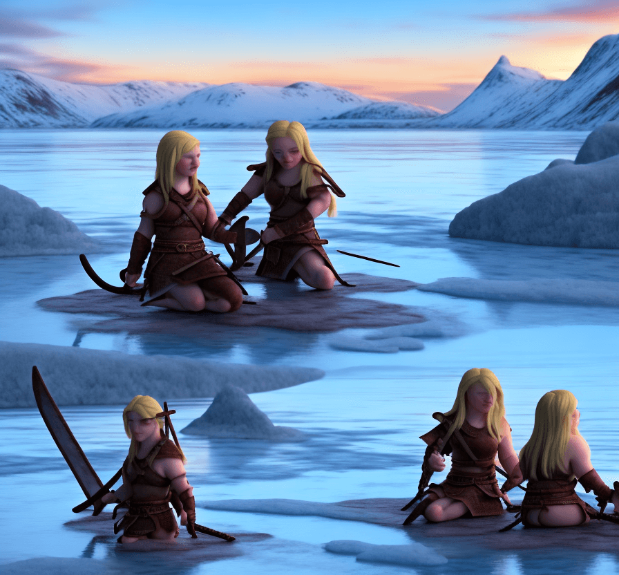 AI generated: Close view. two cute female warrior vikings are  bathing in a frozen lake and watching the islandic ...