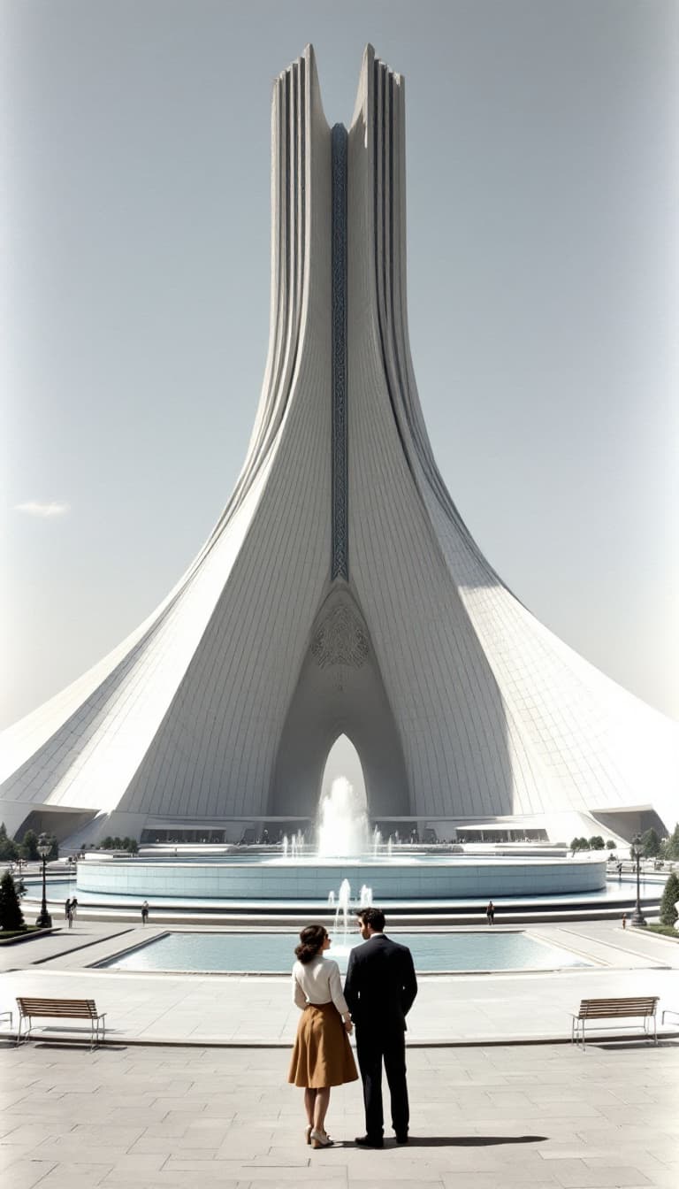 AI generated: A young couple from the 1950s stands in Tehran’s iconic **Azadi Square (formerly Shahyad Square)**, ...