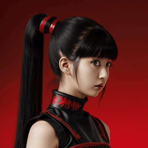 AI generated: Su-Metal, Suzuka Nakamoto, black and red battle dress, long hair, ponytail, japanese girl, 