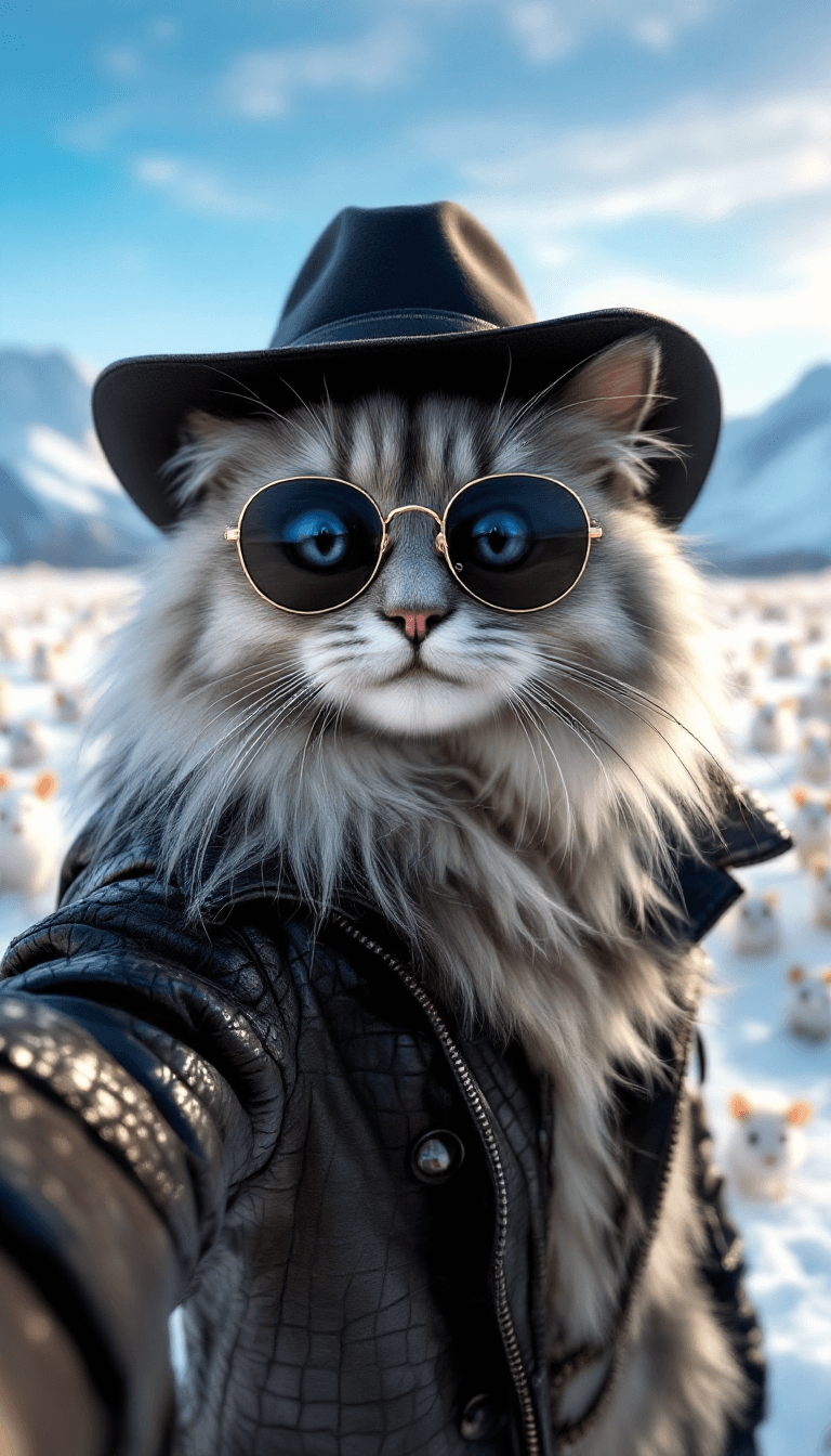 AI generated:  In the snow, there is an ice field with many mice standing on it. A real cute persian cat wearing g...