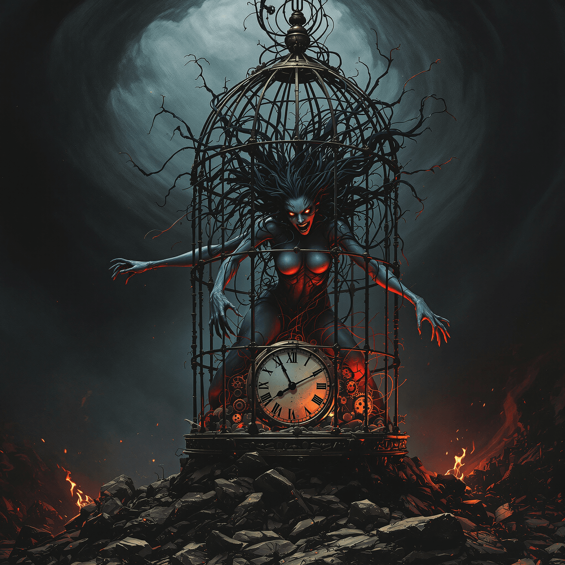 AI generated: A dark fantasy album cover, in the style of Beksiński, depicting a beautiful but twisted female demo...