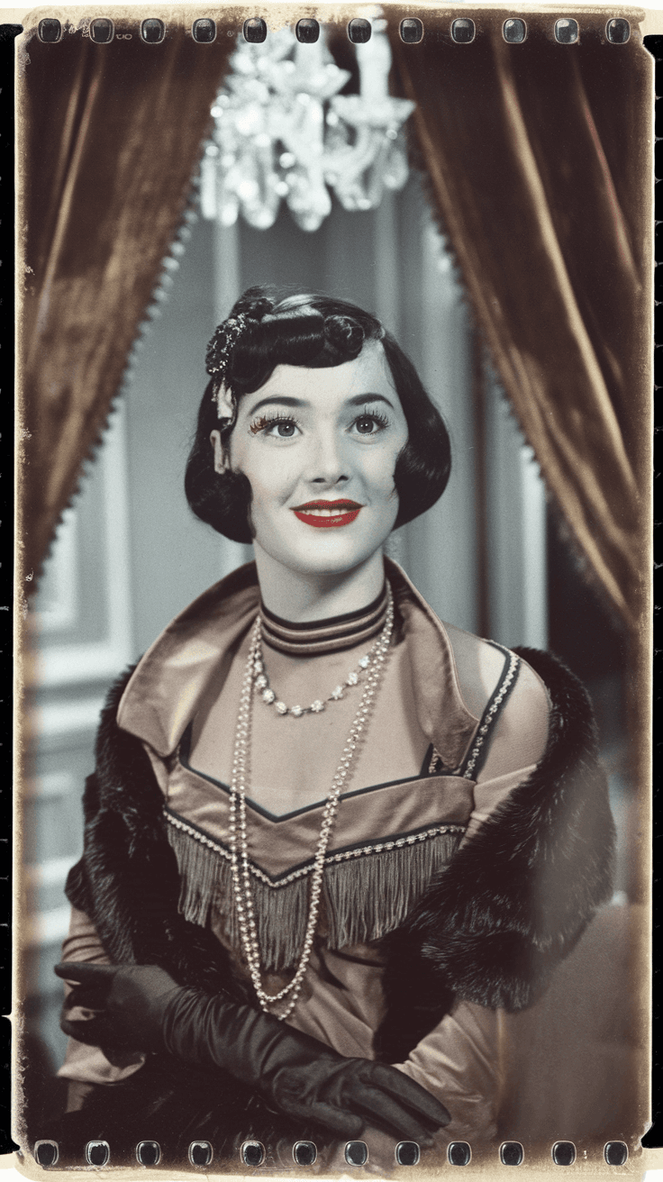 AI generated: analog color film photograph of a 1920s flapper girl, luxurious, opulence, short black hair, red lip...
