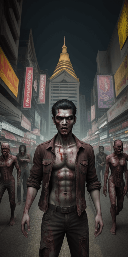 AI generated: masterpiece, best quality, 100zombies, male focus, looking at viewer,  Bangkok city, scenery