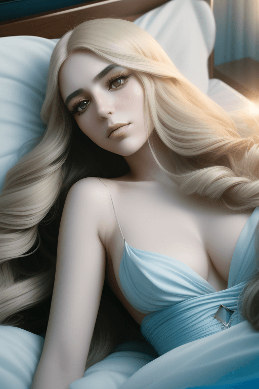 AI generated: a woman with long hair laying in bed, in the style of yigal ozeri, anamorphic lens flare, bella kota...