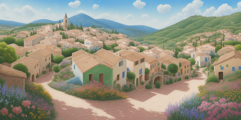 AI generated: Enchantingly beautiful summer landscape of a Spanish village with houses, flowers on the foreground,...