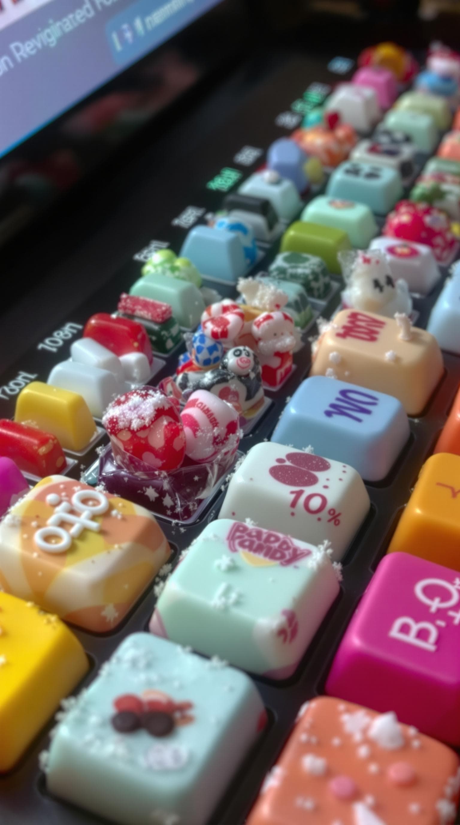 AI generated: A keyboard whose keys are made of different types of candy. Typing makes sweet, crunchy sounds. Audi...
