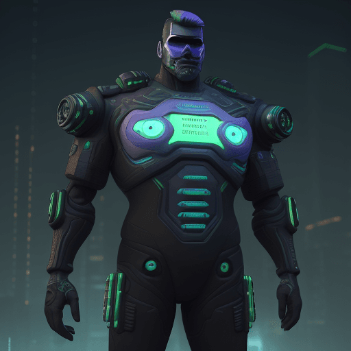 AI generated: Ilustación Cyberpunk detallada tipo render 3D Estilo Pixar de un hombre parado frente un gigante, to...