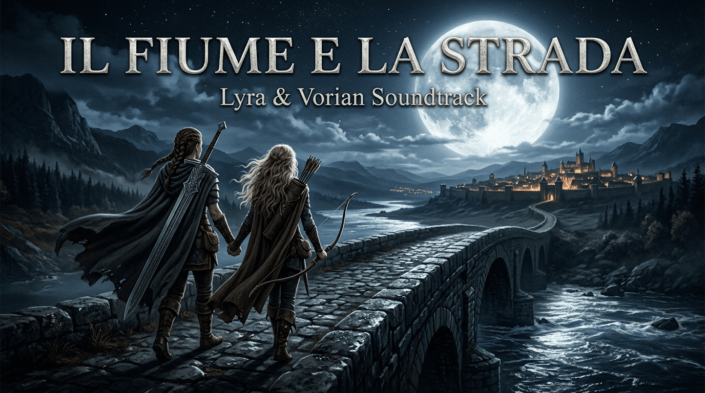 AI generated: Cinematic fantasy album cover, 16:9 format. Two female adventurers seen from behind walking together...