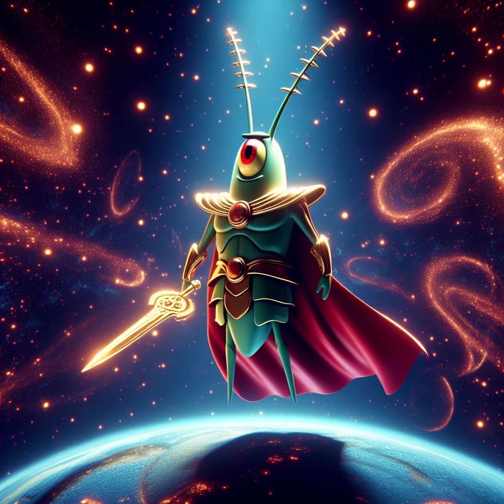 AI generated: plancton is the mightiest god with a sword, red eyes, heroic pose, divine and celestial light, maste...