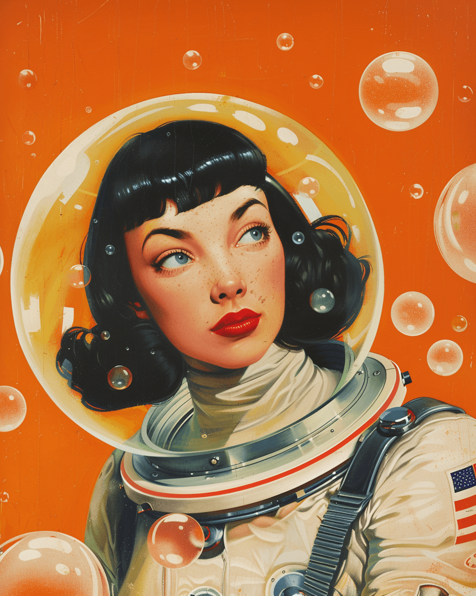 AI generated: A retrofuturistic portrait of an astronaut woman with dark hair, wearing a space suit and surrounded...