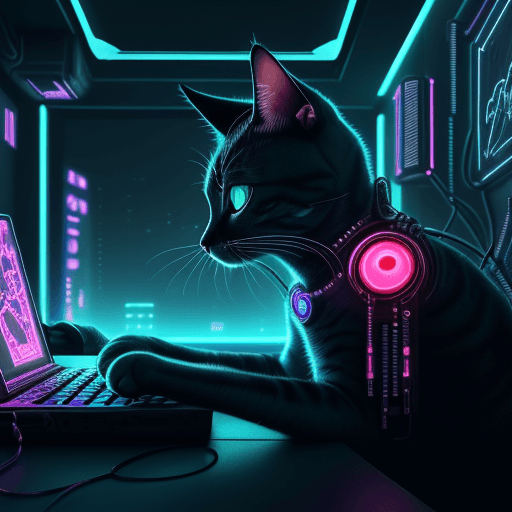 AI generated: close up illustration of a charming cat in cyberpunk room typing, technology, dark shot, neon,  brig...