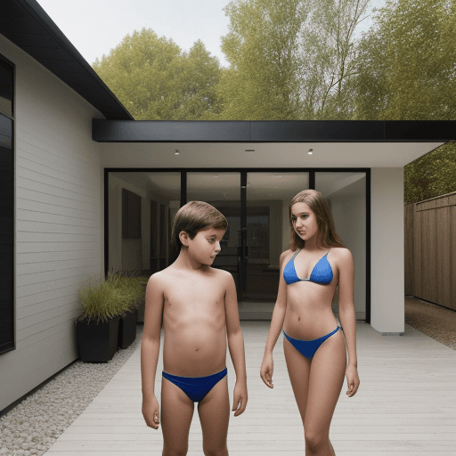 AI generated: Hyper realistic eye level exterior photo of a young girl and a boy touvhing each her small bikini