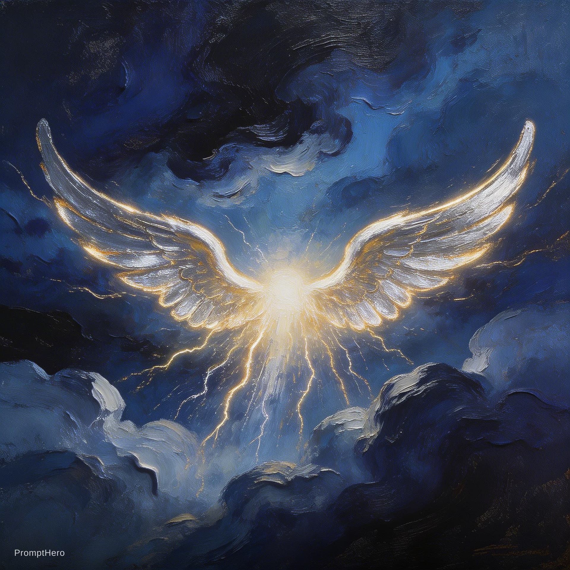 AI generated: Dramatic oil painting with palette‑knife texture, storm-lit sky, luminous thunder energy descending ...
