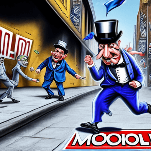 AI generated: Hyper realistic portrait of of the Monopoly man running away from a anger mob holding a Israel flag,...