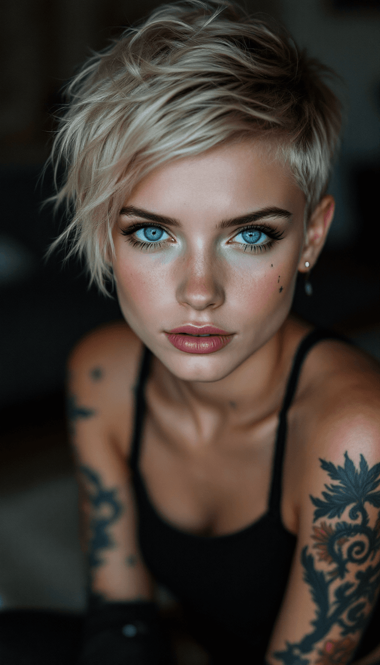 AI generated: girl, 22 years old, blonde hair, short pixie style, some small black tattoos in dnk style, blue eyes...