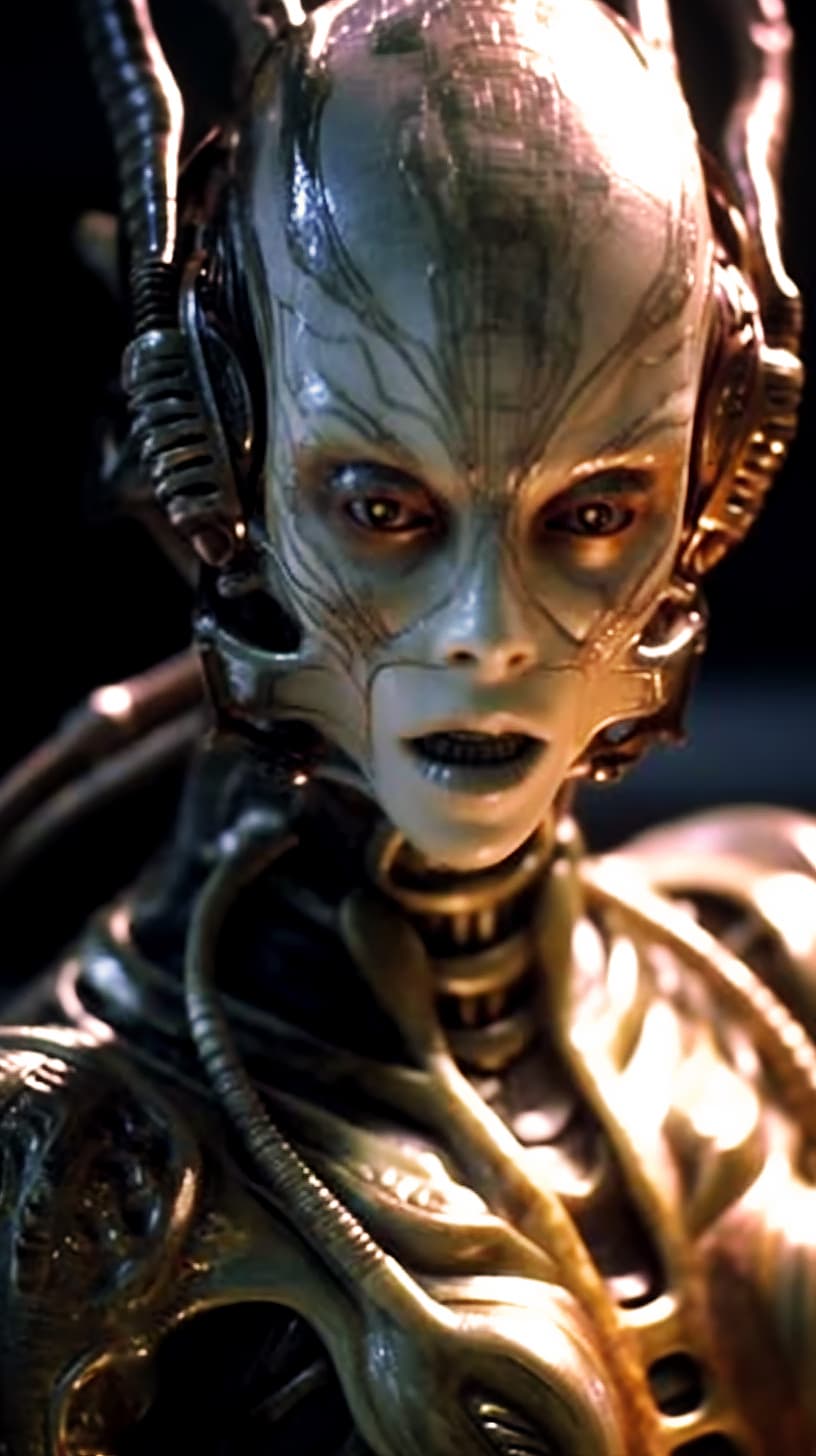 AI generated: Photo of a female alien with metal-like body carapace, tentacles, fangs, red eyes, super detail, ult...