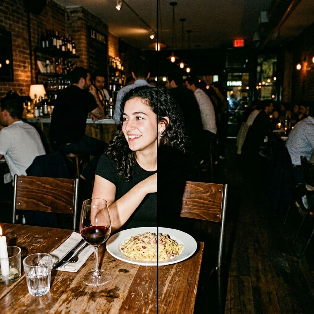 AI generated: restaurant interior with tables and chairs, photographed with harsh direct flash, urban nightlife re...