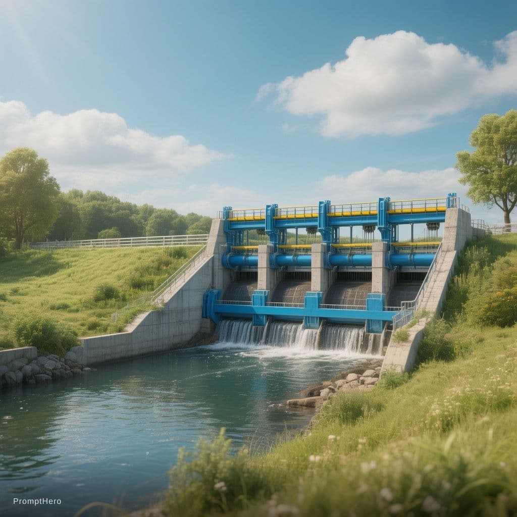 AI generated: {
  "scene": {
    "title": "Water Control Structure with Orchard",
    "type": "Infrastructure and ...