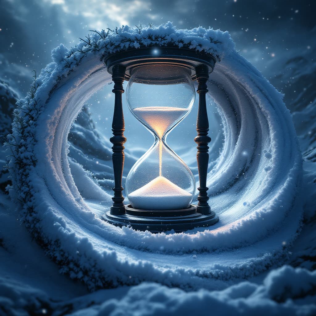 AI generated: the interweaving of an hourglass and an snow whirlpool, a magical atmosphere, cinematic lighting, ep...