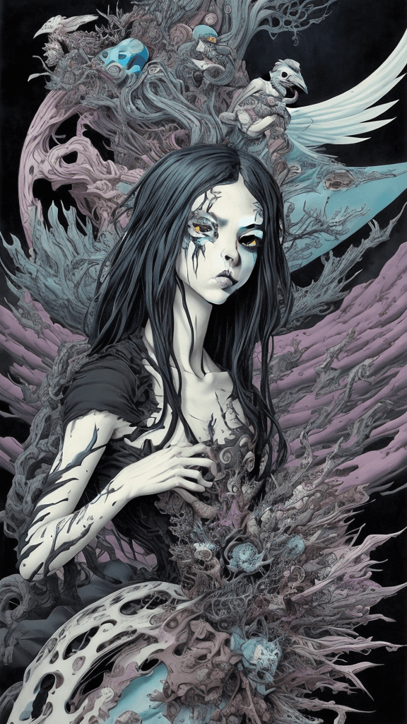 AI generated: layered cartoon by sagisawa fumika and by Gerald Brom, complex horizon , complex nvinkpunk but extre...