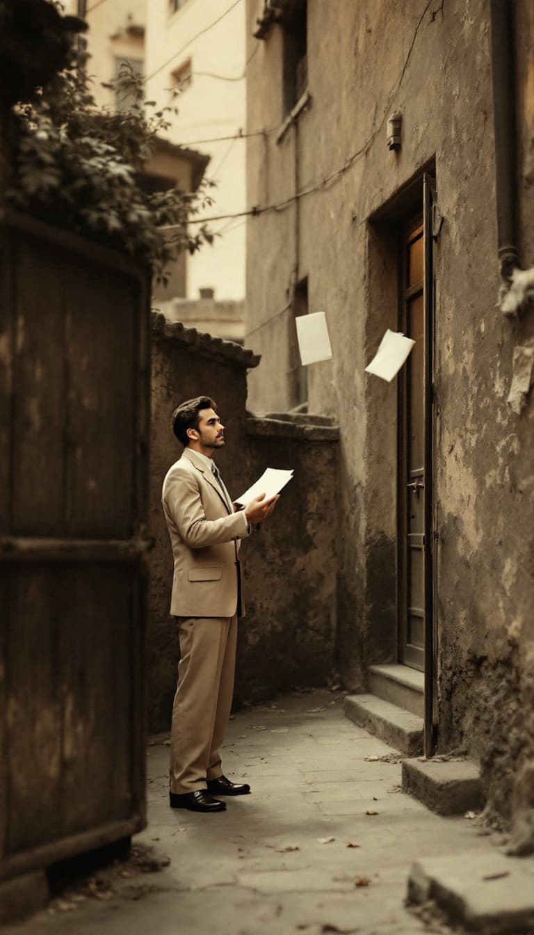 AI generated: A young man from the 1950s standing at the door of an old Iranian house with a metal door typical of...