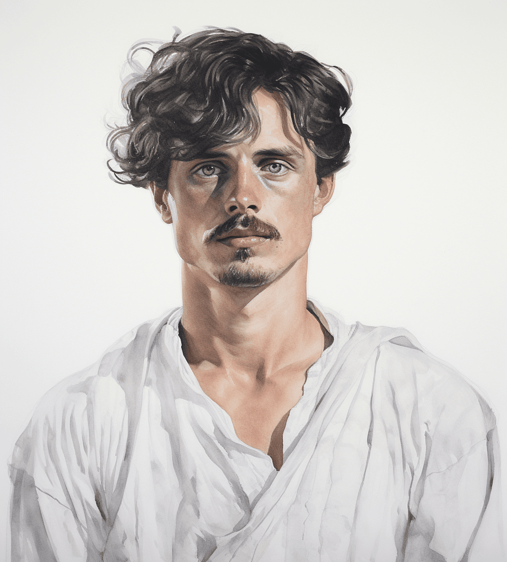 AI generated: young man with mustache and short hair, wearing white tunic, drawing in the style of Da Vinci, black...