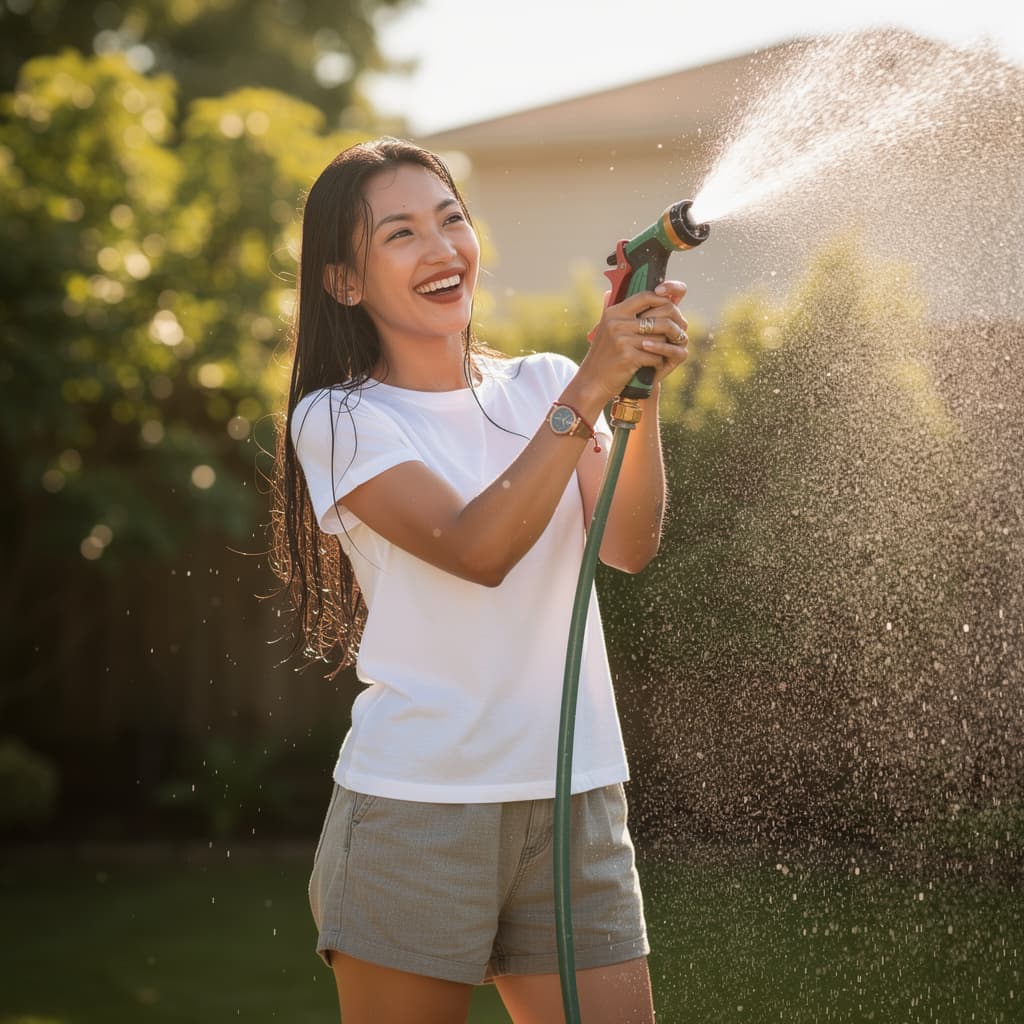 AI generated: A vertical ultra-realistic masterpiece photograph of this woman with long wet black hair, smiling as...