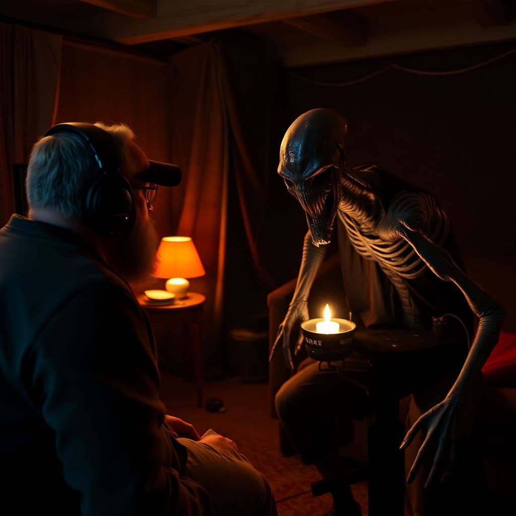 AI generated: Joe Rogan on set with a skinwalker, horror, unsettling, the shmiggle experience