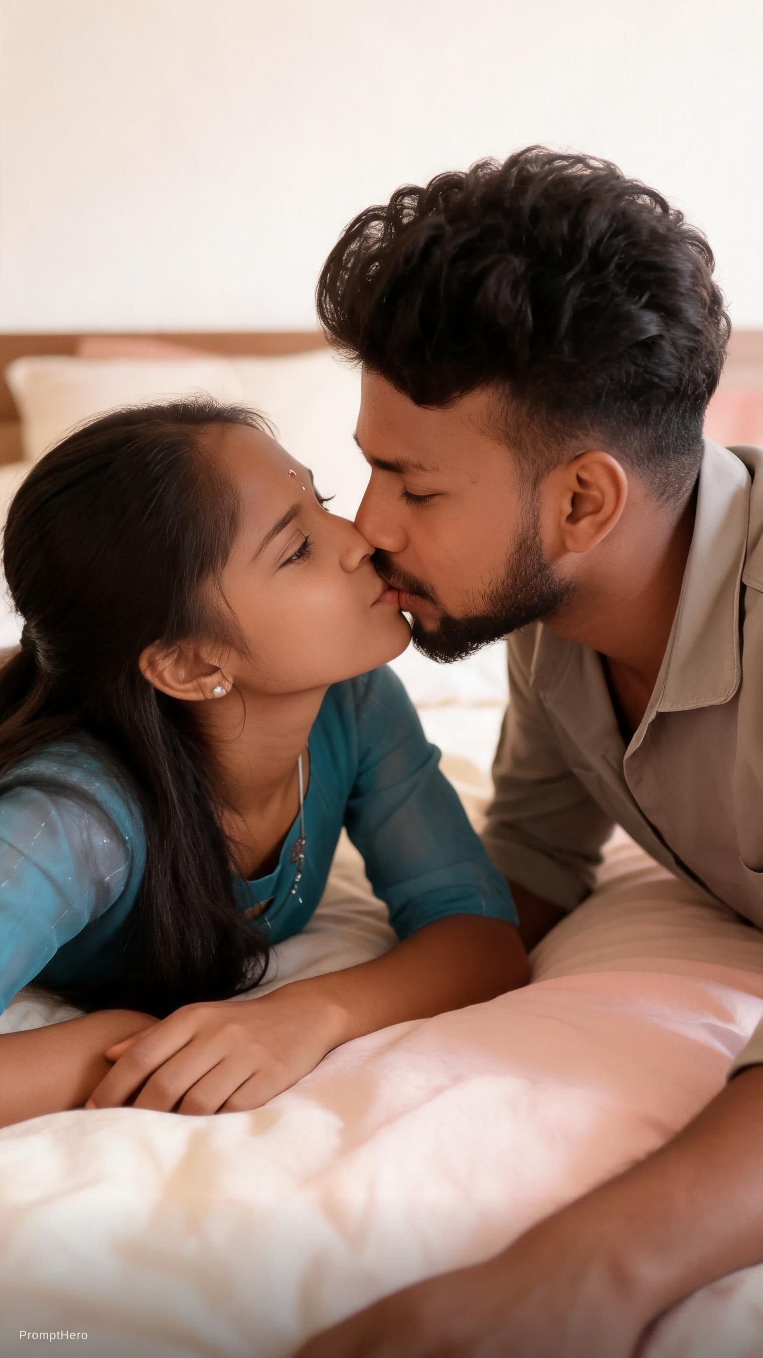 AI generated: A Indian Couples  together romantic pose sharing kiss on very close lying romantic down on her stoma...