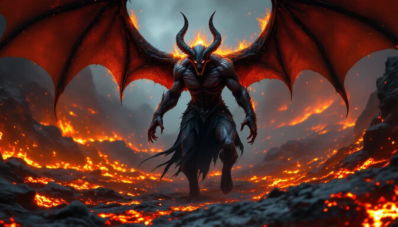 AI generated: Avenging demon with sharp horns and expansive bat wings in a dark fantasy setting. Stands resolute i...