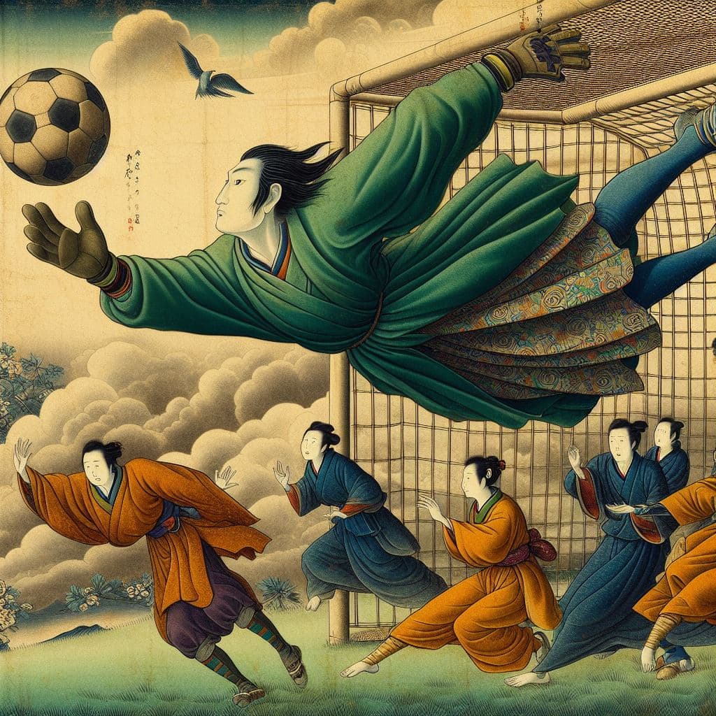 AI generated: A soccer goalkeeper reaching for the ball, medieval japanese painting in the style of Utagawa Kunisa...