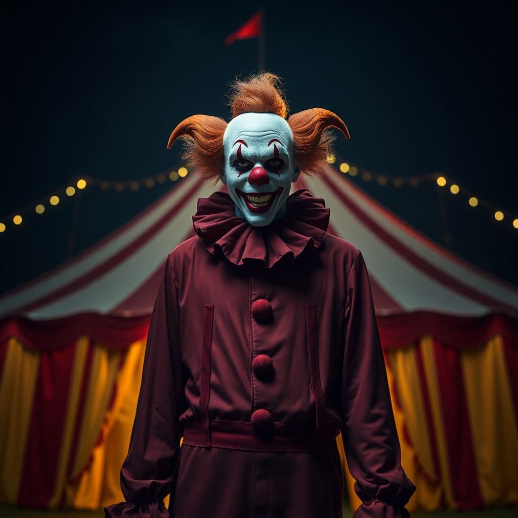AI generated: A evil clown standing in front of the circus tent at night, highres, realistic photo, professional p...