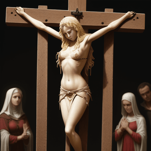 AI generated: High resolution photography of female crucifixion with a blonde crucified by nailing