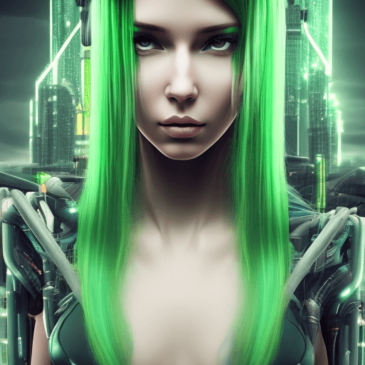 AI generated: Beautiful girl with long green hair in cyberpunk style