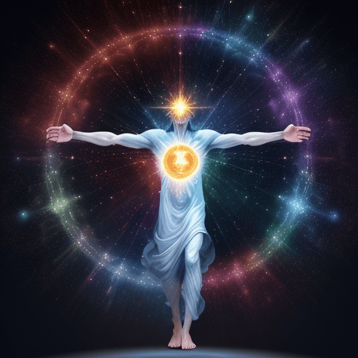 AI generated: God standing on universe, with a spirit in him which is covered by a Holy Spirit, Holy Spirit is con...