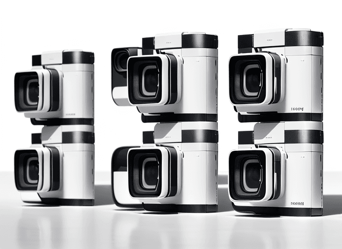 AI generated: Four slim cameras, arranged in a line on a white surface, front view, hyperrealistic, highly detaile...