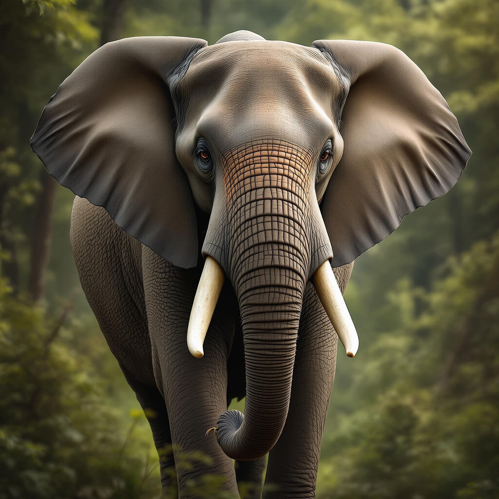 AI generated: The image captures a majestic elephant standing amidst a dense, lush forest. The elephant, which occ...