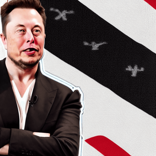 AI generated: Photo realistic portrait of Elon Musk in front of a large black flag with a white circle and a large...