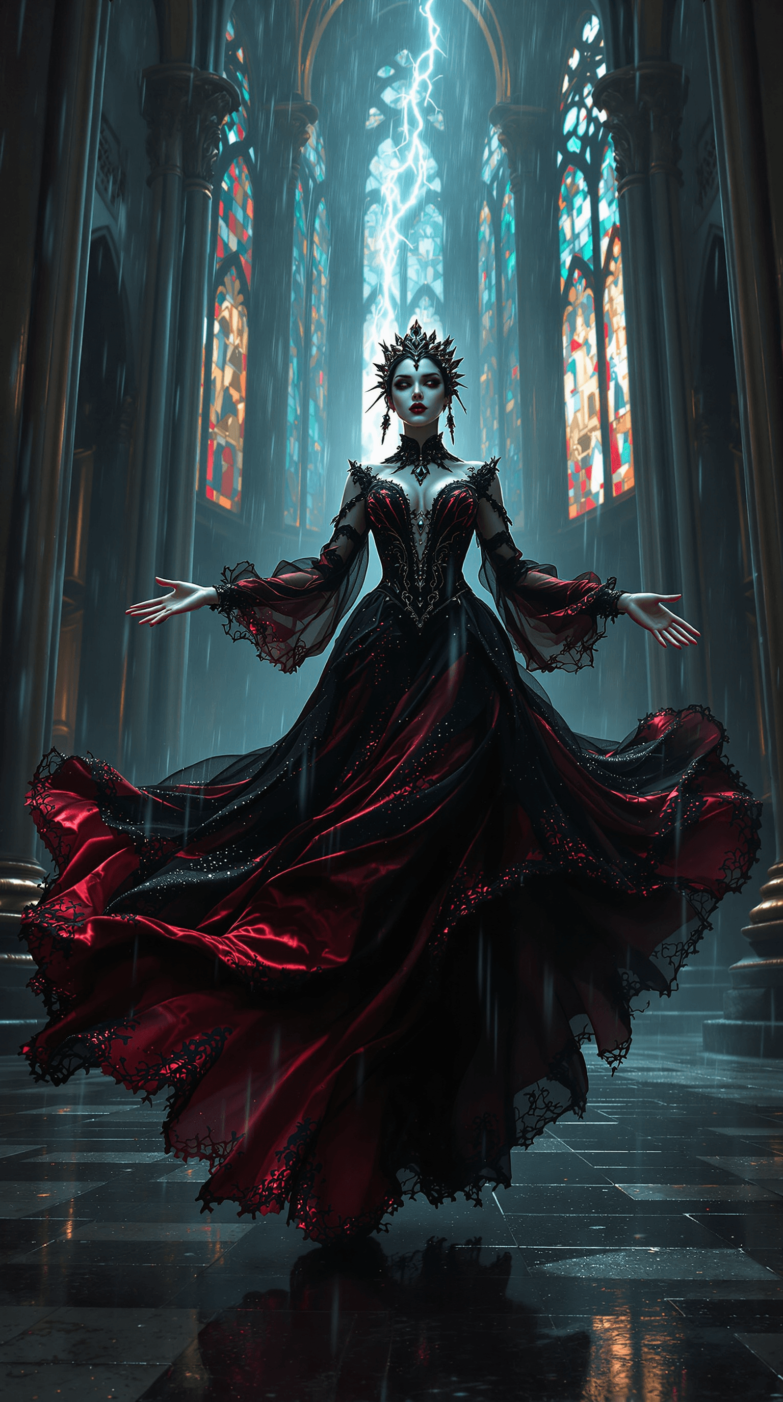 AI generated: A **cinematic, highly detailed film still** capturing a **majestic gothic vampire queen** floating t...