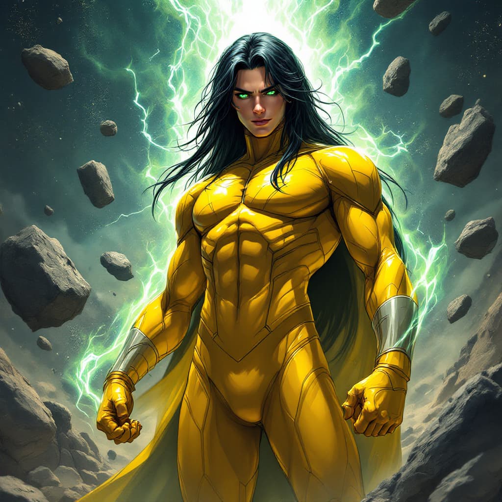 AI generated: A heroic figure wearing a bright yellow suit, with an attractive face. Their long, black hair flows ...