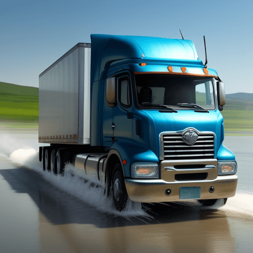AI generated: a cool little truck driving throw water .