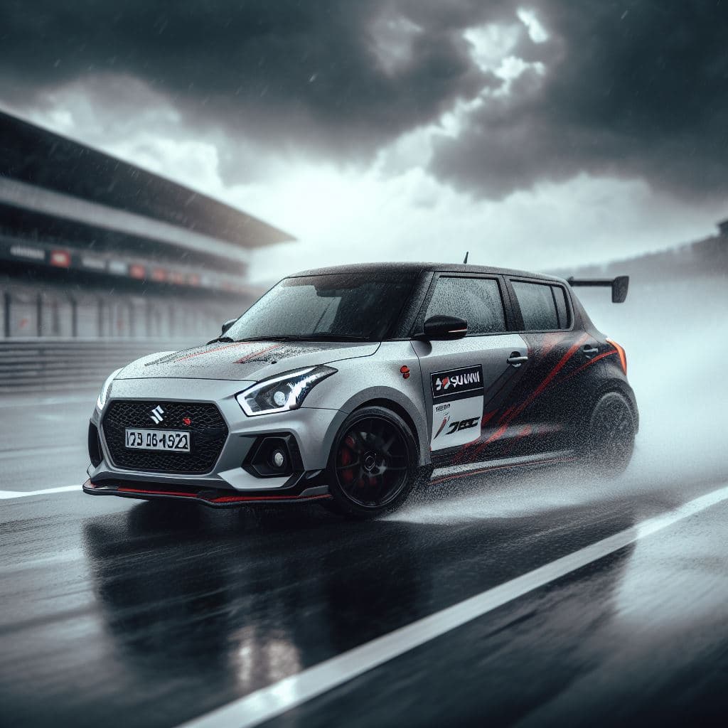 AI generated: Swift on a race track with horrible weather