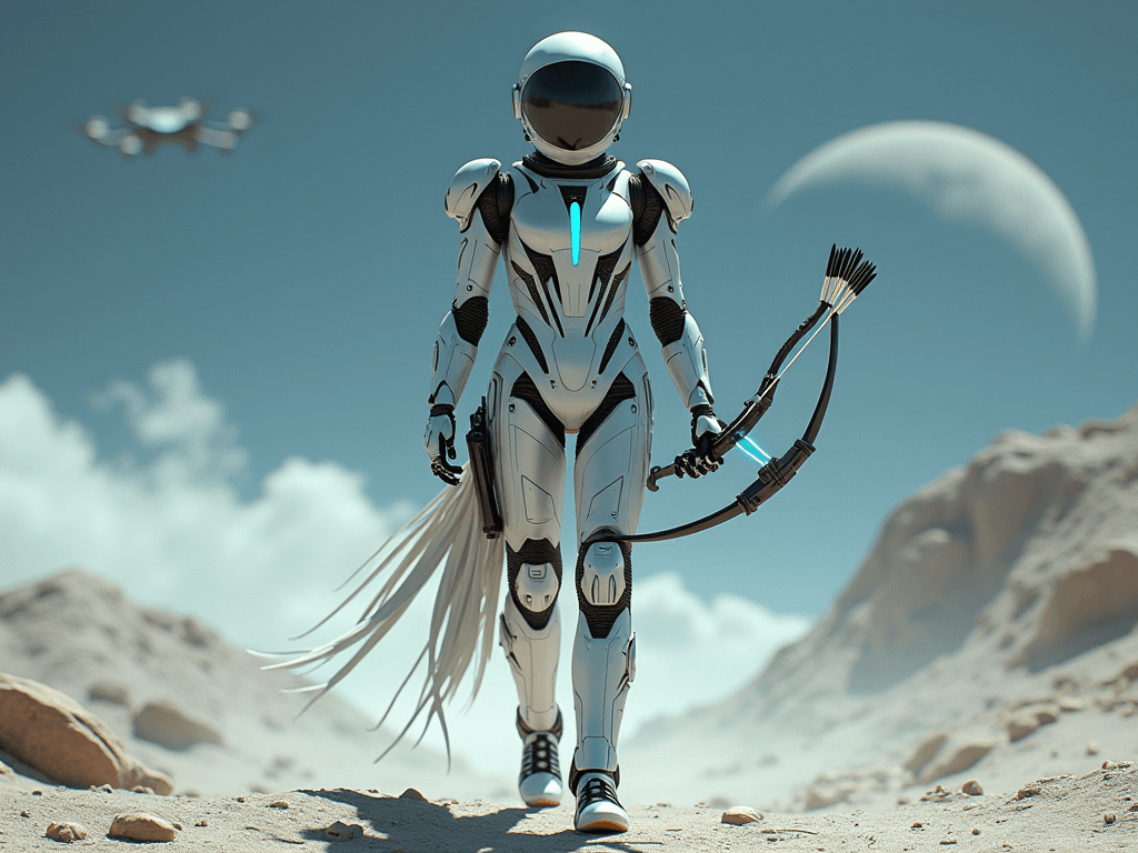 AI generated: A futuristic android explorer wearing a lightweight exploration suit, equipped with a quantum bow. T...