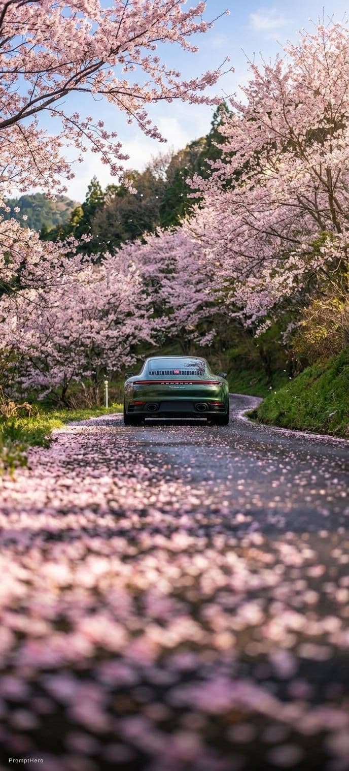 AI generated: extremely low side angle shot of a forest green porche 911 in a field of sakura flowers and sakura f...