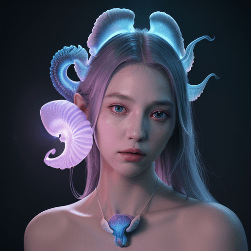 AI generated: Goddess close-up portrait ribcagel. jellyfish phoenix head, nautilus, orchid, skull, betta fish, bio...