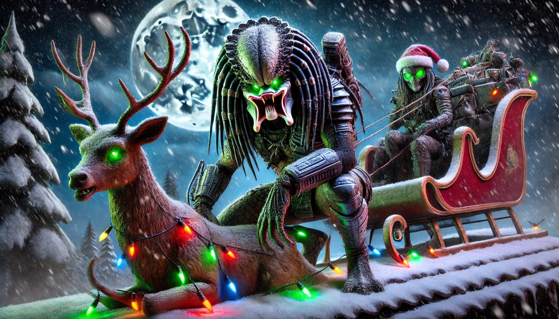 AI generated: A fearsome, Predator-inspired alien with battle scars, dreadlock-like appendages, and glowing green ...